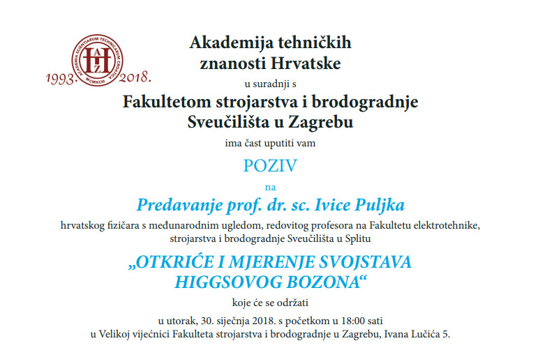 Poziv na predavanje prof. dr. sc. Ivice Puljka “Otkriće i mjerenje svojstava Higgsovog bozona”