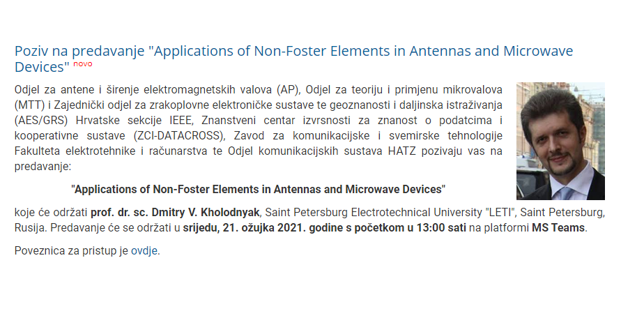 Poziv na predavanje “Applications of Non-Foster Elements in Antennas and Microwave Devices” u suorganizaciji Odjela komunikacijskih sustava HATZ-a