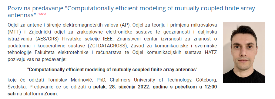 Poziv na predavanje: “Computationally efficient modeling of mutually coupled finite array antennas”