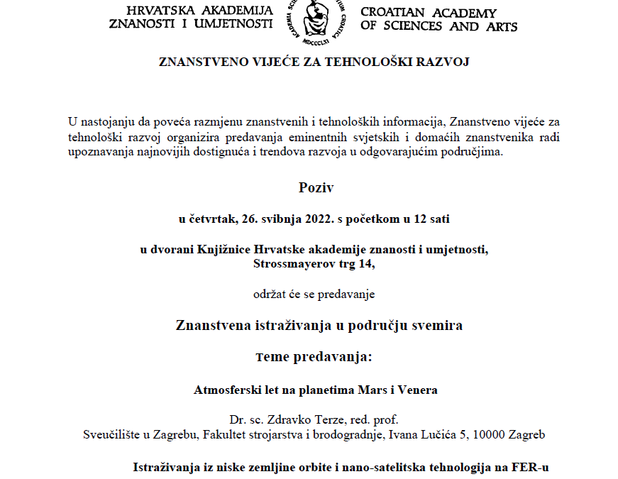 Poziv na predavanje “Znanstvena istraživanja u svemiru”, 26.5.2022., 12 sati