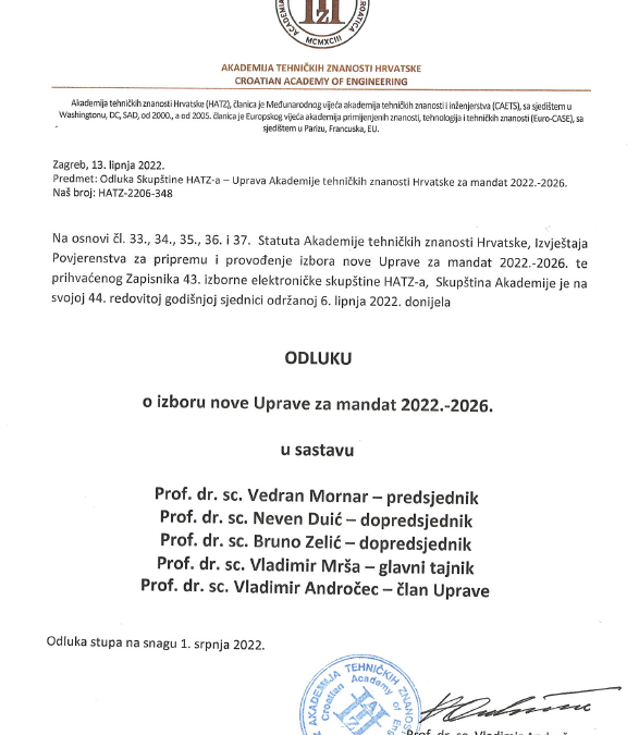 ODLUKA o izboru nove Uprave HATZ-a za mandat 2022.-2026.