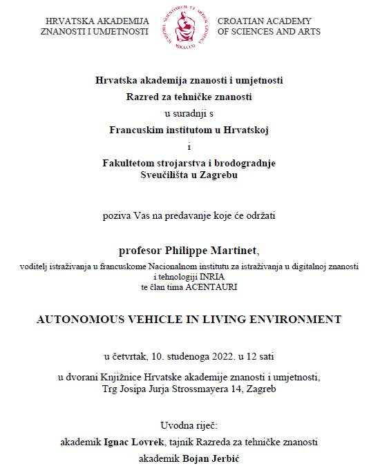 Predavanje “Autonomous Vehicle in Living Environment”, HAZU, 10.11.2022.