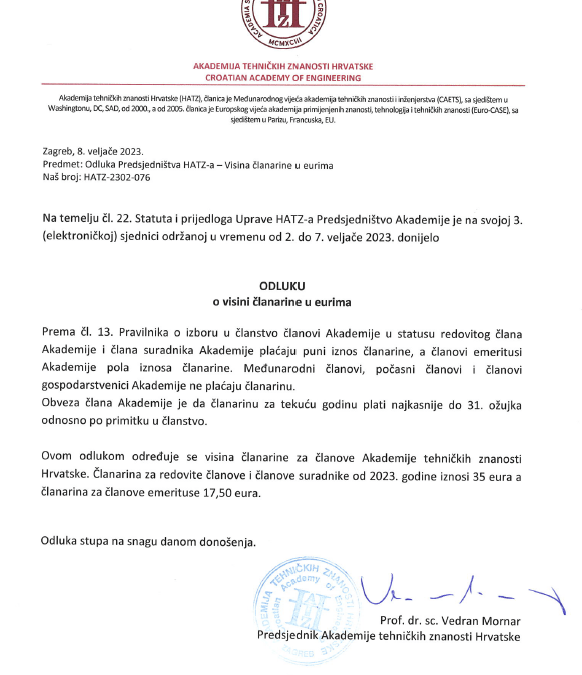 Odluka o visini članarine u eurima