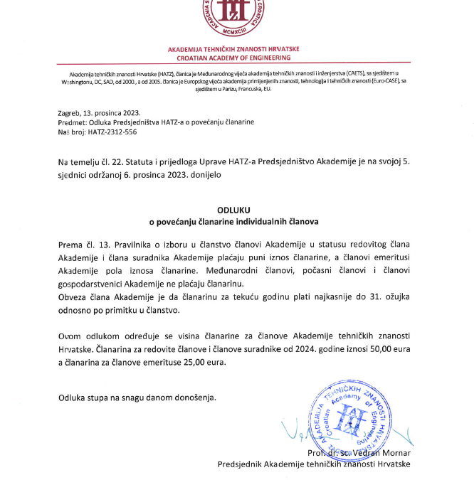 Odluka o povećanju članarine individualnih članova