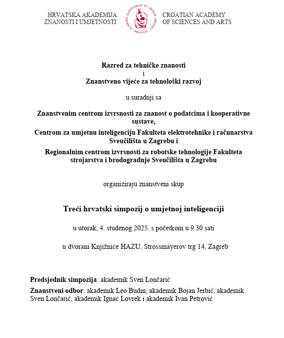 Poziv za sudjelovanje na Trećem hrvatskom simpoziju o umjetnoj inteligenciji, HAZU, 4.11.2025., 9:30 sati